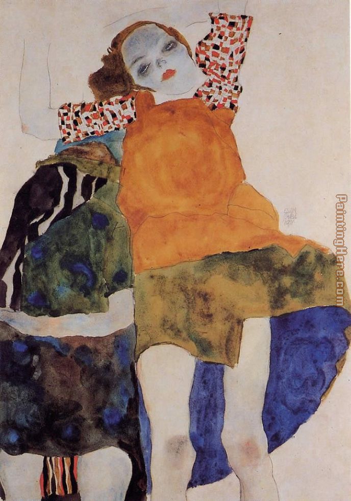 Two Seated Girls painting - Egon Schiele Two Seated Girls art painting